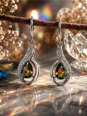 Mystic Rainbow Crystal Teardrop Earrings, Silver Tone Pave Glam
